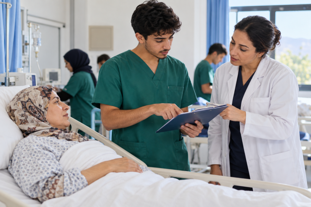 Étudiants infirmiers de Paramedicalis lors d'une visite au lit du patient
