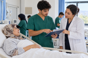 Étudiants infirmiers de Paramedicalis lors d'une visite au lit du patient
