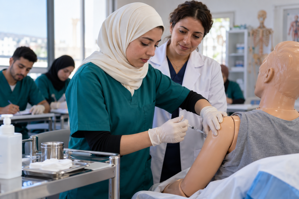 Étudiante infirmière réalisant une injection au bras