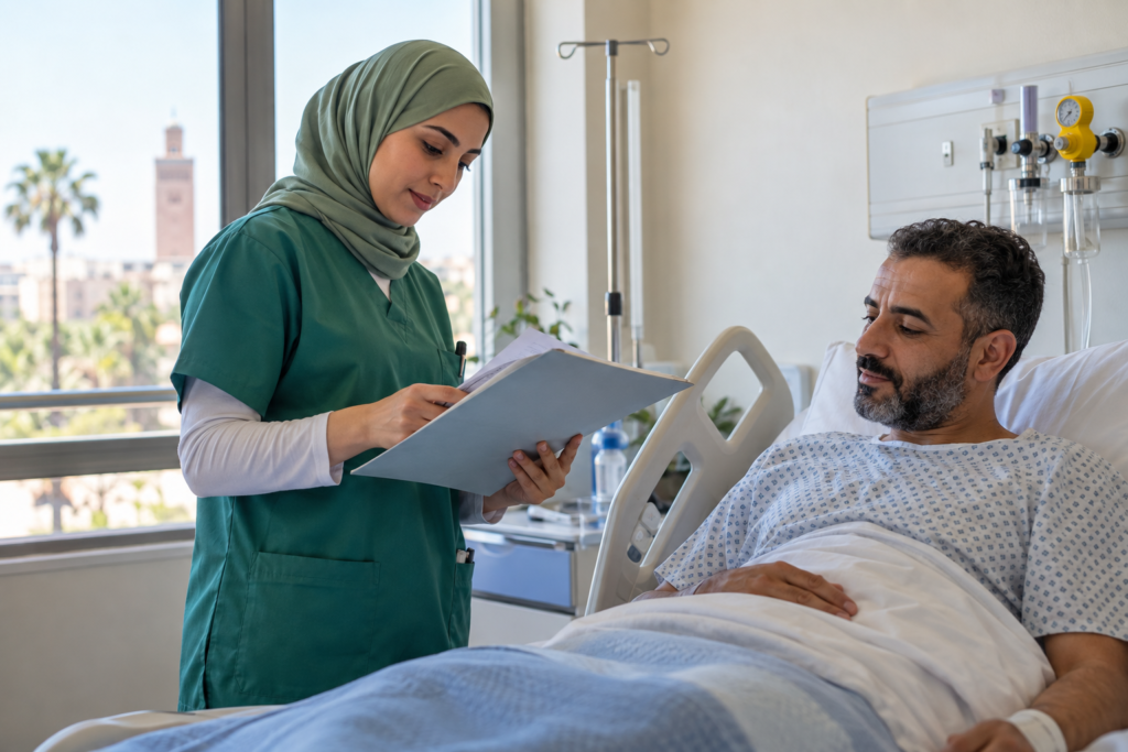 Infirmière notant les paramètres d'un patient hospitalisé dans le dossier de soins