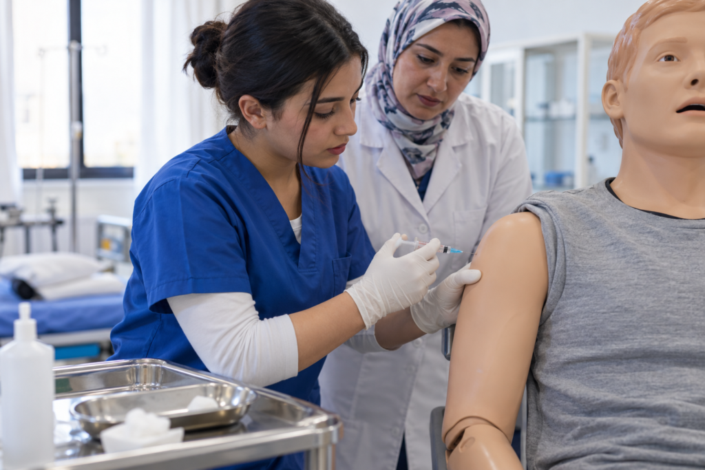Étudiante infirmière s'exerçant à l'injection intramusculaire dans le deltoïde