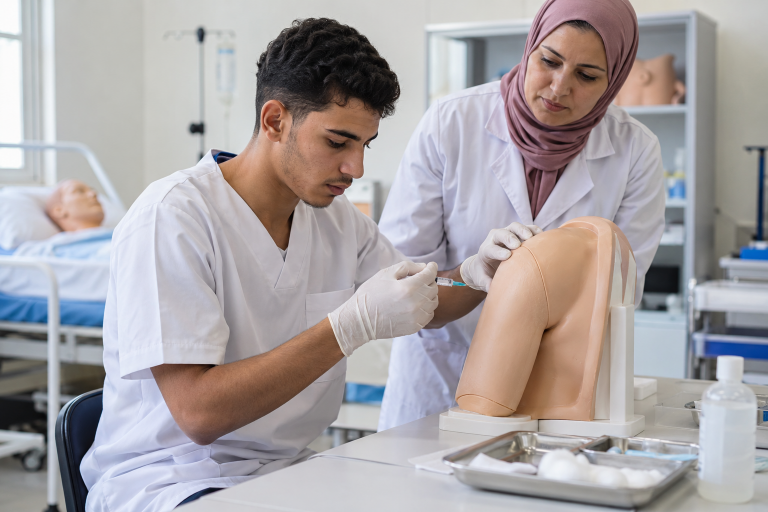 Étudiant infirmier s'exerçant à l'injection intramusculaire dans la cuisse, voie de l'adrénaline en cas de choc anaphylactique