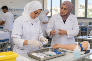 Étudiante infirmière préparant un plateau de soins stérile