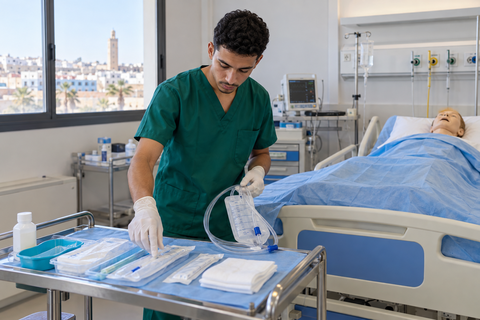 Étudiant infirmier manipulant un sac collecteur dans le respect des règles de prévention de l'infection nosocomiale