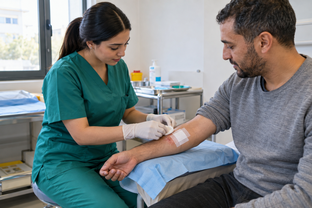 Infirmière réalisant un pansement sur l'avant-bras d'un patient