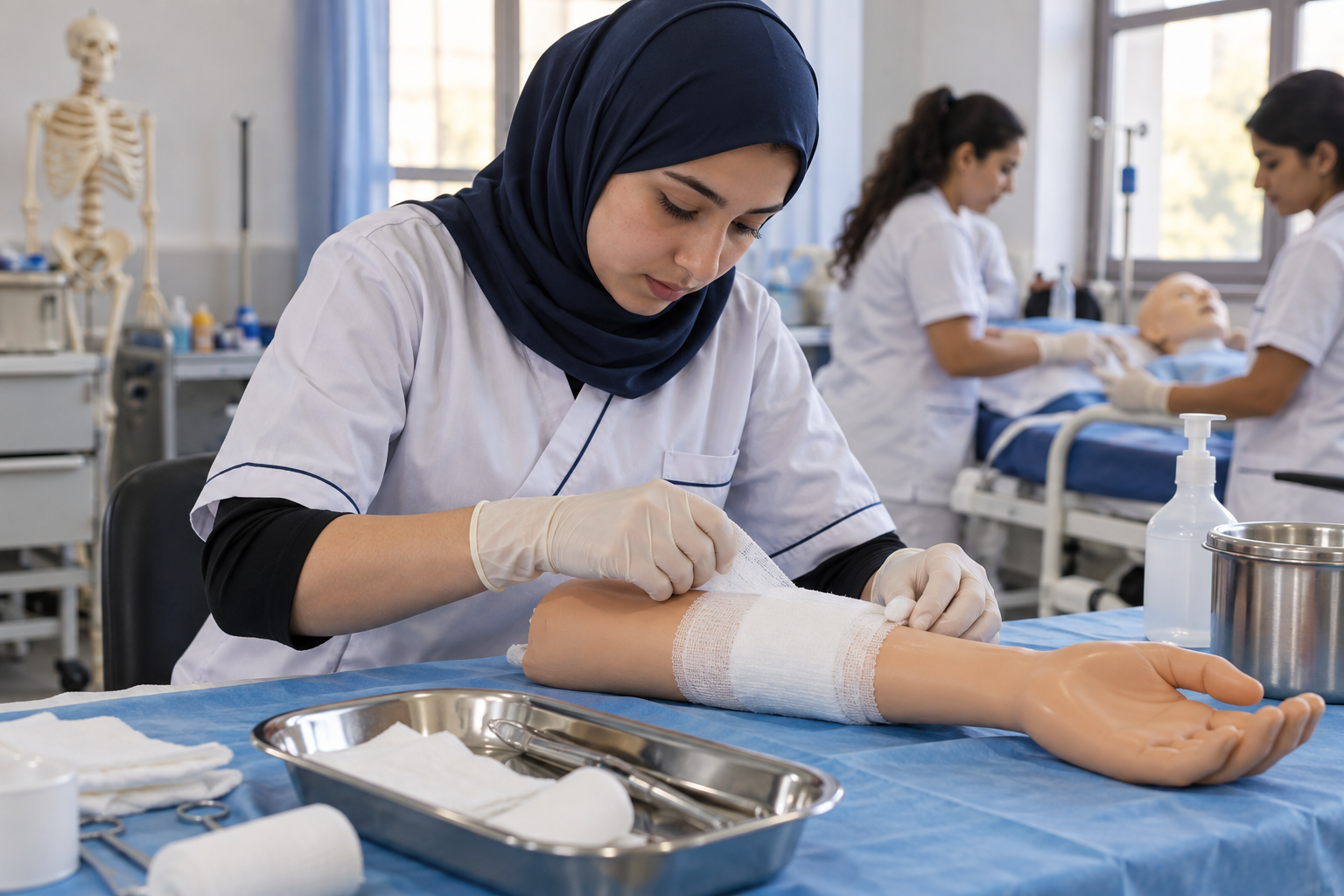 Étudiants infirmiers en cours sur la réalisation d'un pansement simple