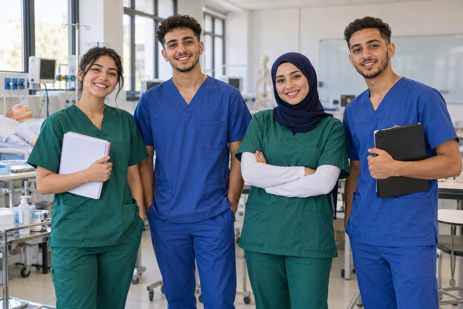 Infirmière et étudiants infirmiers en tenue de soins à l'Institut Paramedicalis