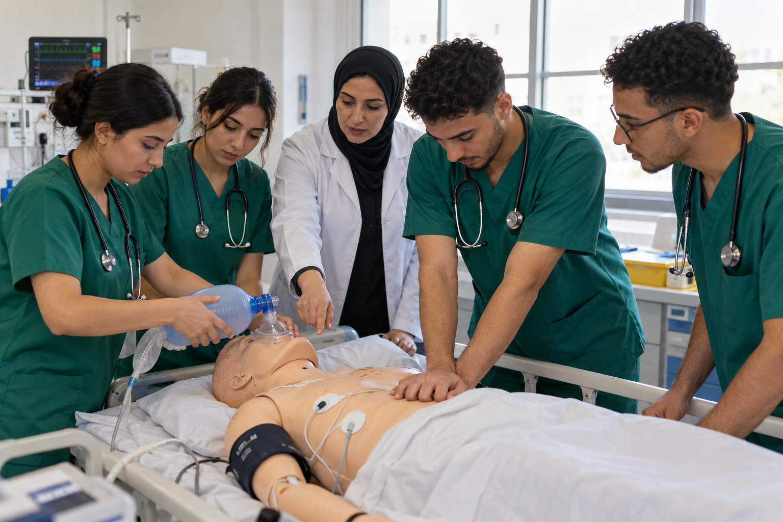 Étudiants en école infirmière s'exerçant aux soins sur un mannequin de simulation