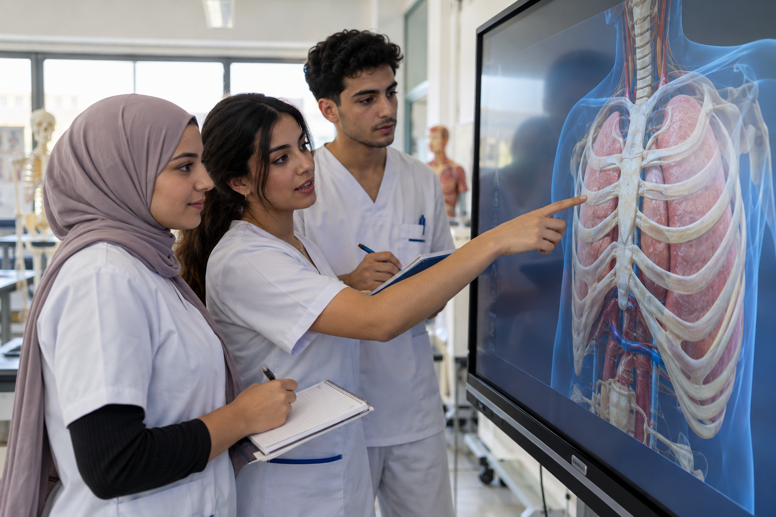 Étudiants infirmiers étudiant l'anatomie du cœur avant de réaliser un ECG