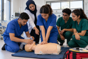 Étudiants infirmiers s'entraînant aux gestes d'urgence sur un mannequin de réanimation