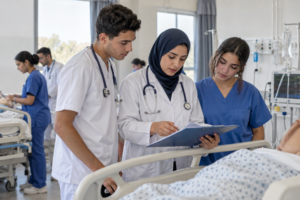 Infirmière et étudiants infirmiers au chevet d'un patient à l'hôpital